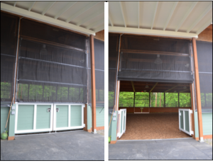 Two arena gate entrances with GaleShield SLIDE-UP SCREENS